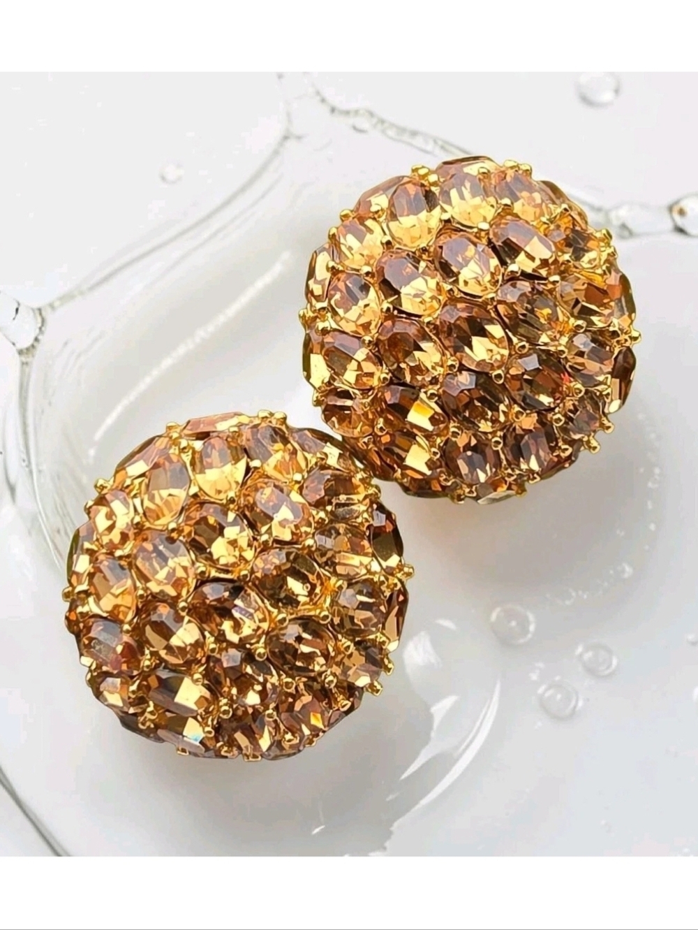 Vintage Signed CINER Citrine Glass Pave Bombe Dome Clip-On Earrings Gold Tone  